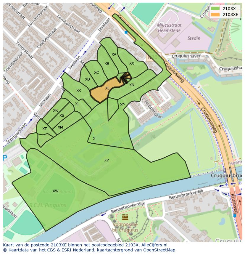 Afbeelding van het postcodegebied 2103 XE op de kaart.
