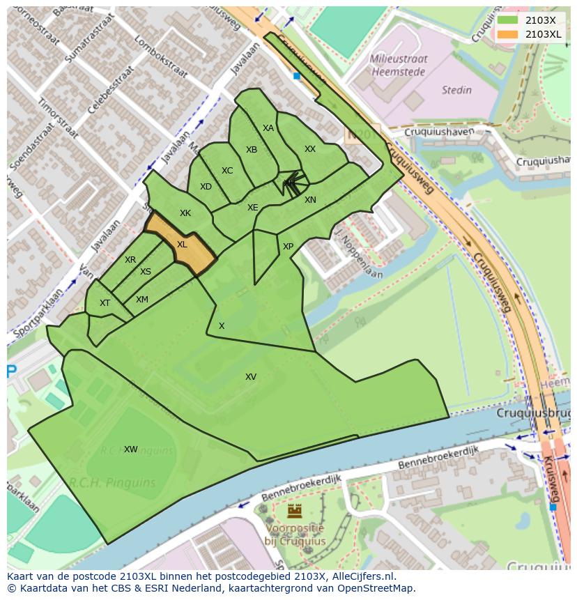 Afbeelding van het postcodegebied 2103 XL op de kaart.