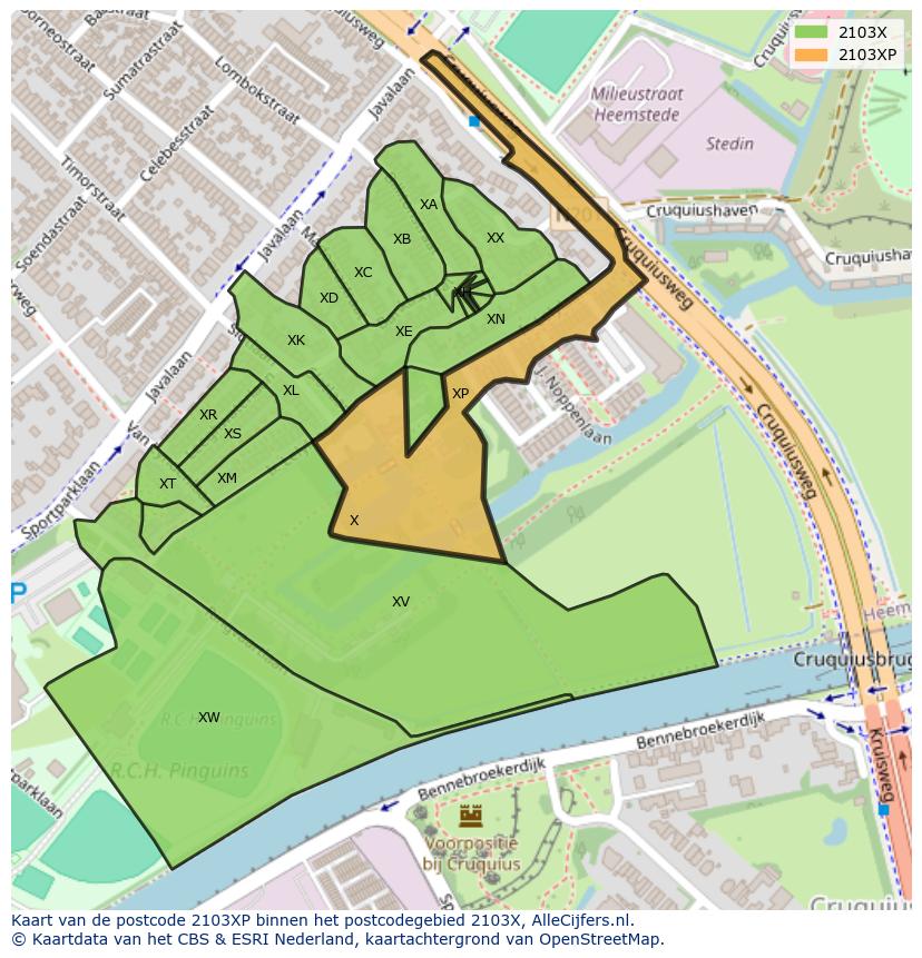 Afbeelding van het postcodegebied 2103 XP op de kaart.