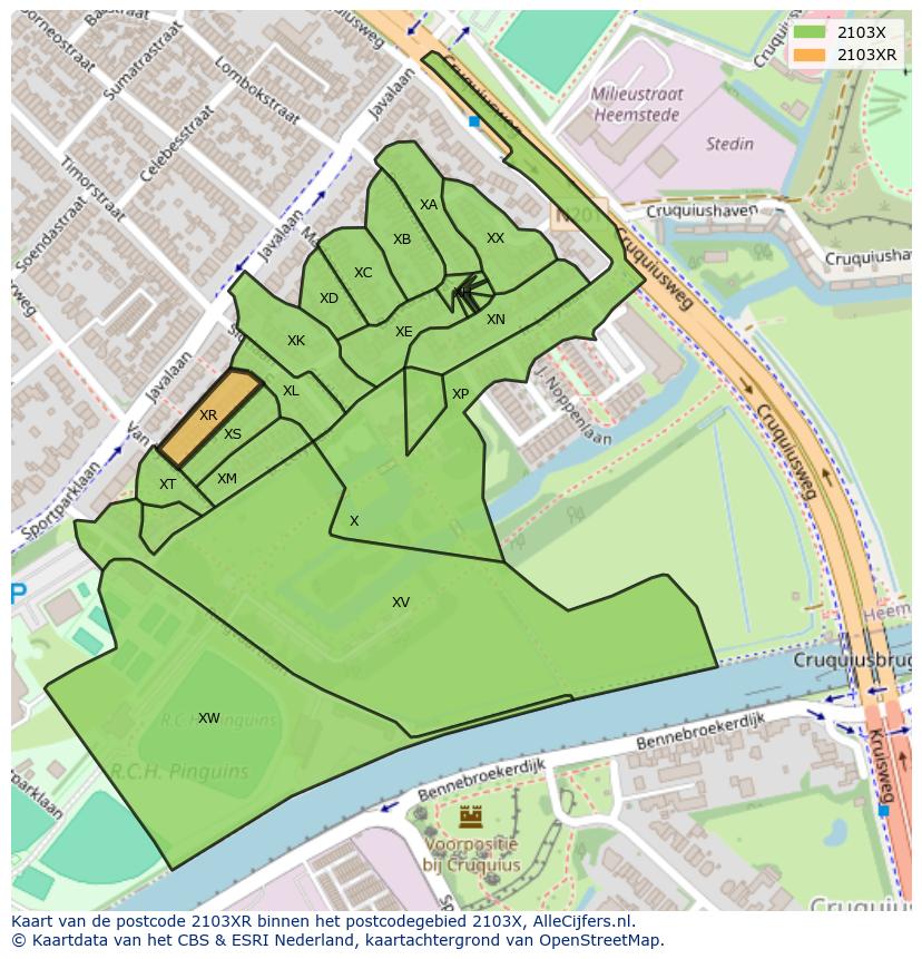 Afbeelding van het postcodegebied 2103 XR op de kaart.