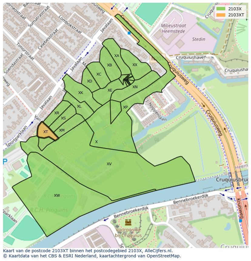 Afbeelding van het postcodegebied 2103 XT op de kaart.