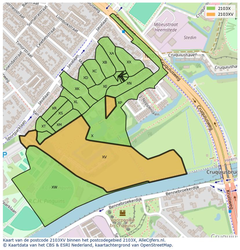 Afbeelding van het postcodegebied 2103 XV op de kaart.