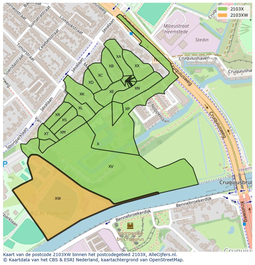 Afbeelding van het postcodegebied 2103 XW op de kaart.