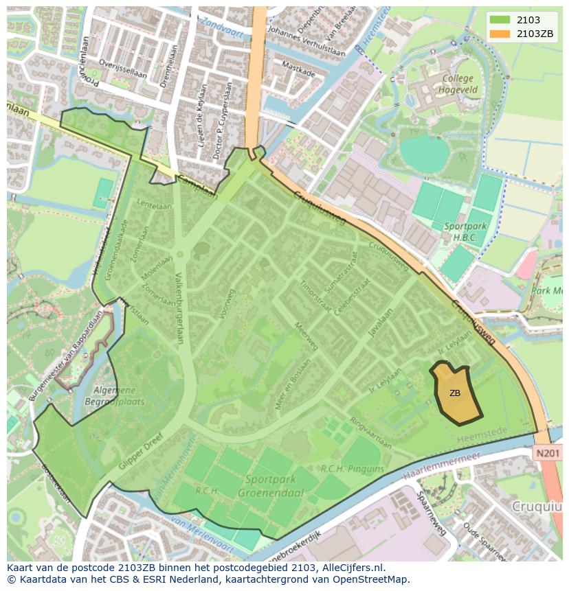 Afbeelding van het postcodegebied 2103 ZB op de kaart.