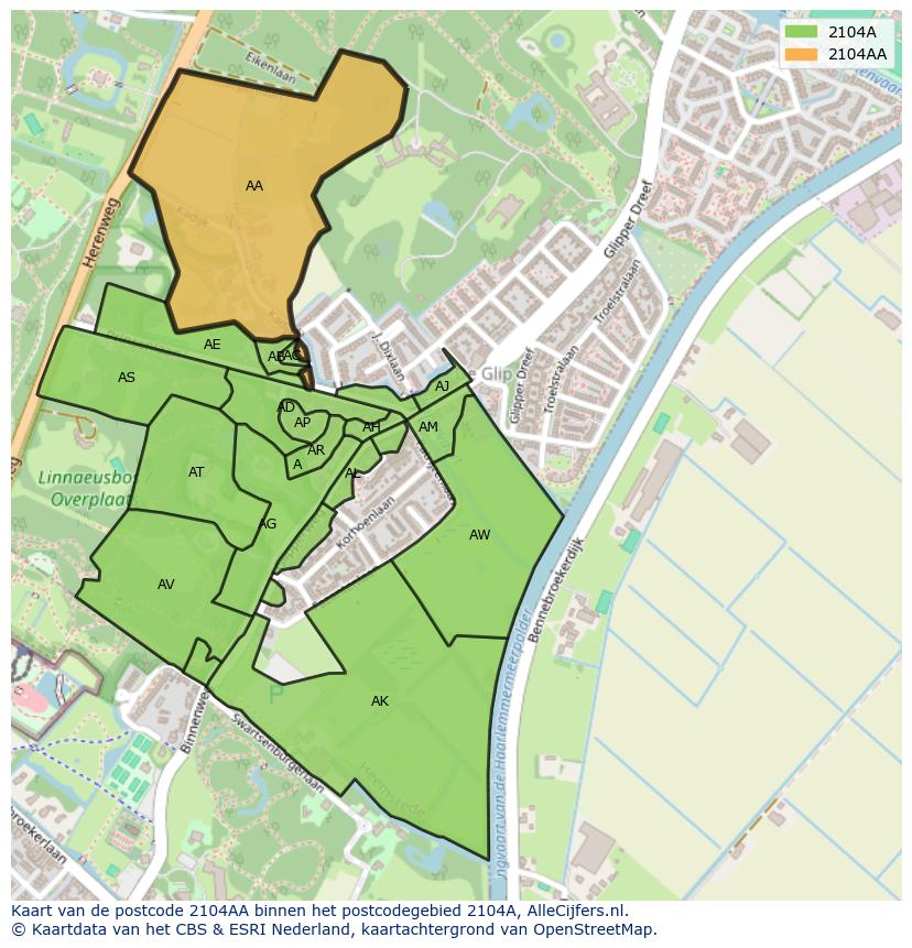 Afbeelding van het postcodegebied 2104 AA op de kaart.