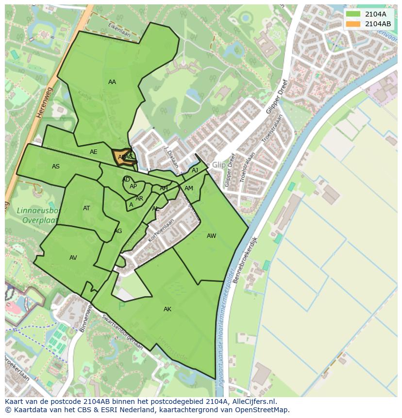 Afbeelding van het postcodegebied 2104 AB op de kaart.
