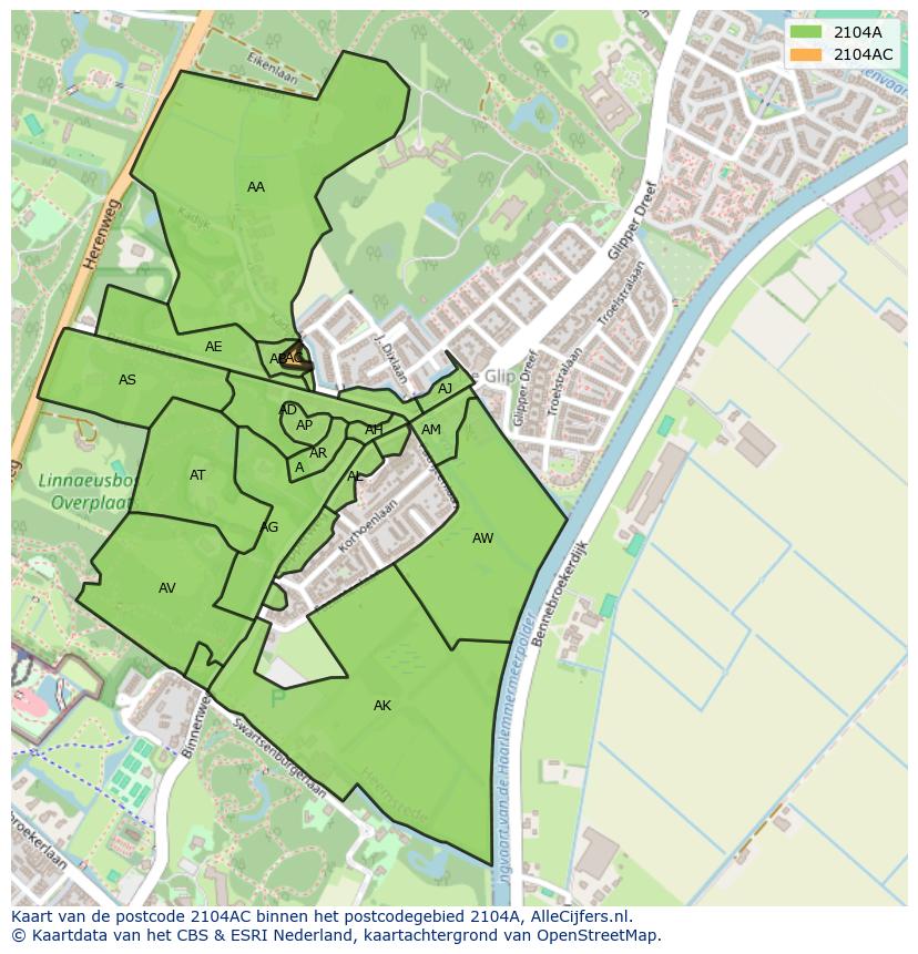 Afbeelding van het postcodegebied 2104 AC op de kaart.