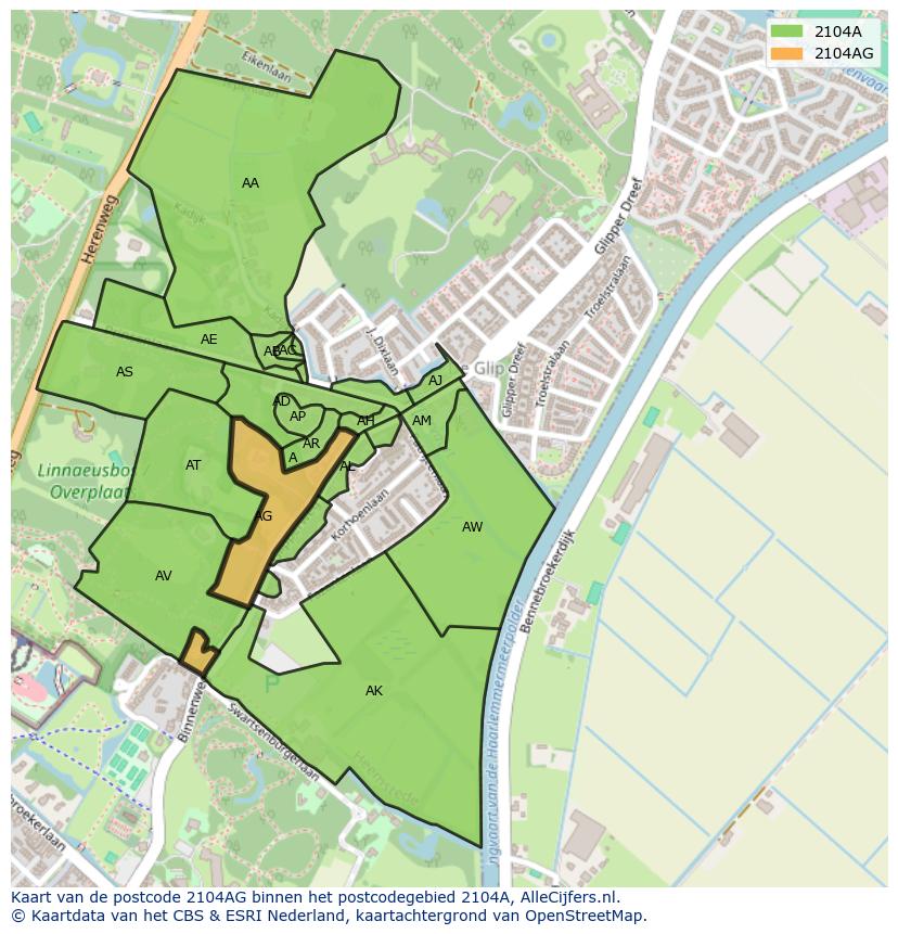 Afbeelding van het postcodegebied 2104 AG op de kaart.