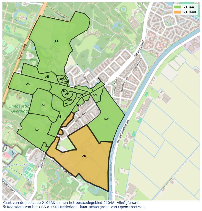 Afbeelding van het postcodegebied 2104 AK op de kaart.
