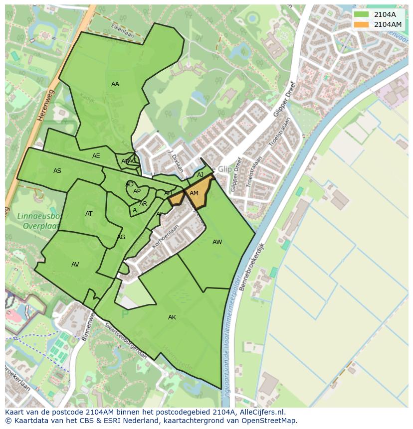 Afbeelding van het postcodegebied 2104 AM op de kaart.