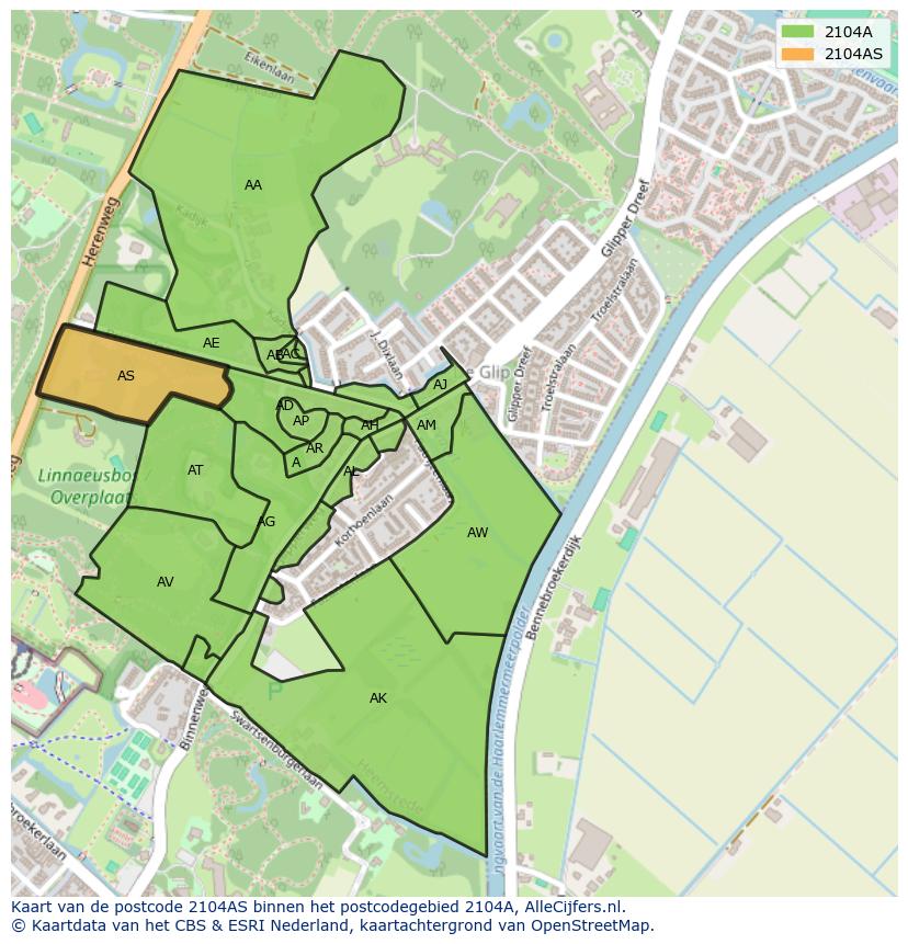 Afbeelding van het postcodegebied 2104 AS op de kaart.