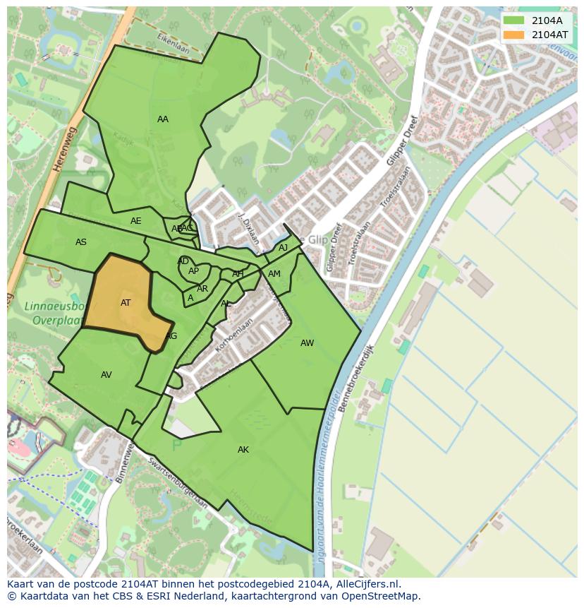 Afbeelding van het postcodegebied 2104 AT op de kaart.