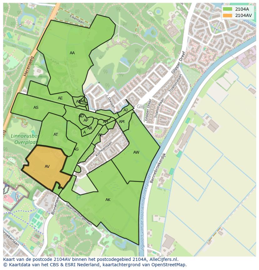 Afbeelding van het postcodegebied 2104 AV op de kaart.
