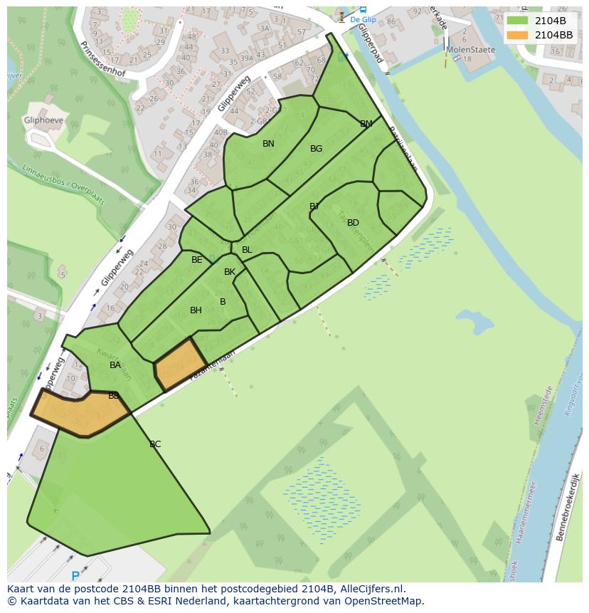 Afbeelding van het postcodegebied 2104 BB op de kaart.