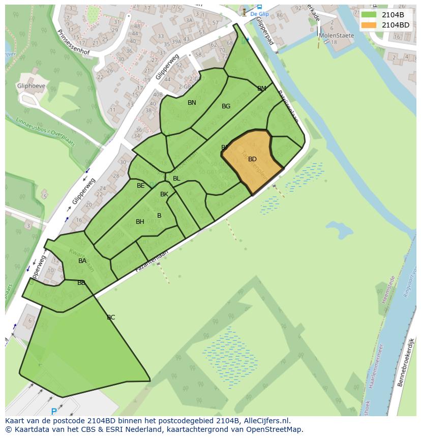 Afbeelding van het postcodegebied 2104 BD op de kaart.