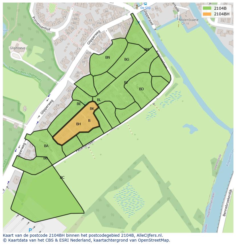 Afbeelding van het postcodegebied 2104 BH op de kaart.