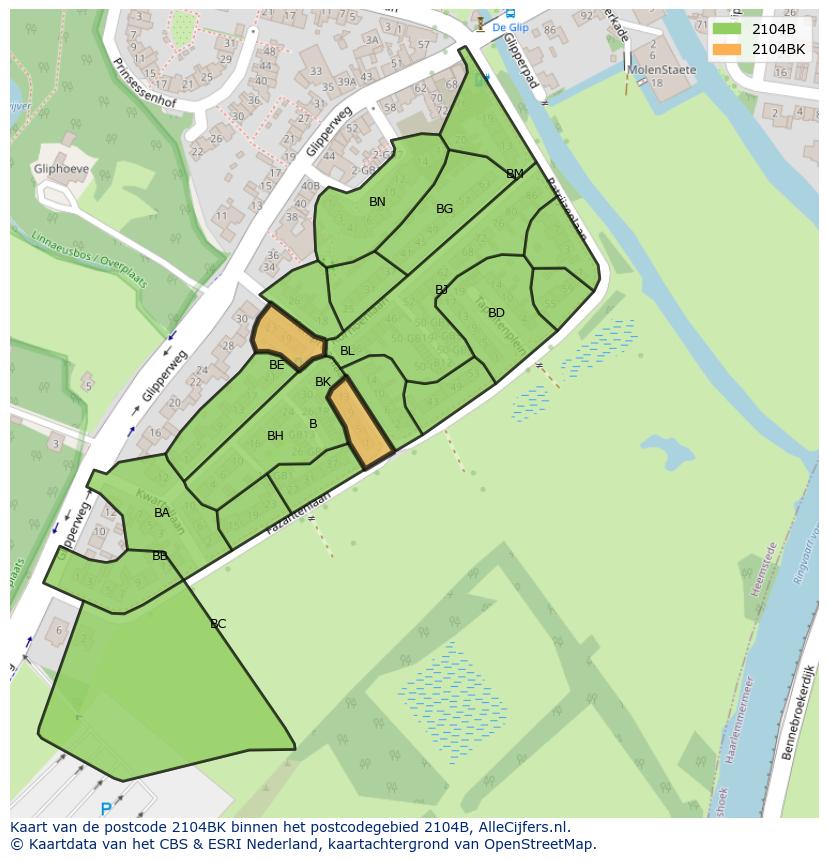 Afbeelding van het postcodegebied 2104 BK op de kaart.