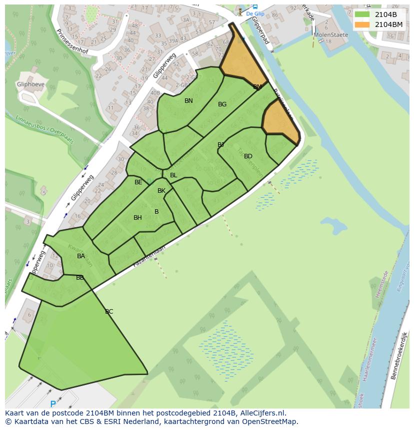 Afbeelding van het postcodegebied 2104 BM op de kaart.