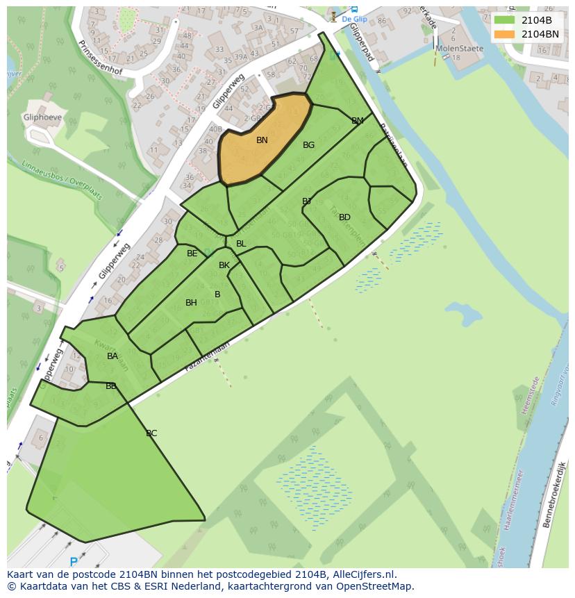 Afbeelding van het postcodegebied 2104 BN op de kaart.