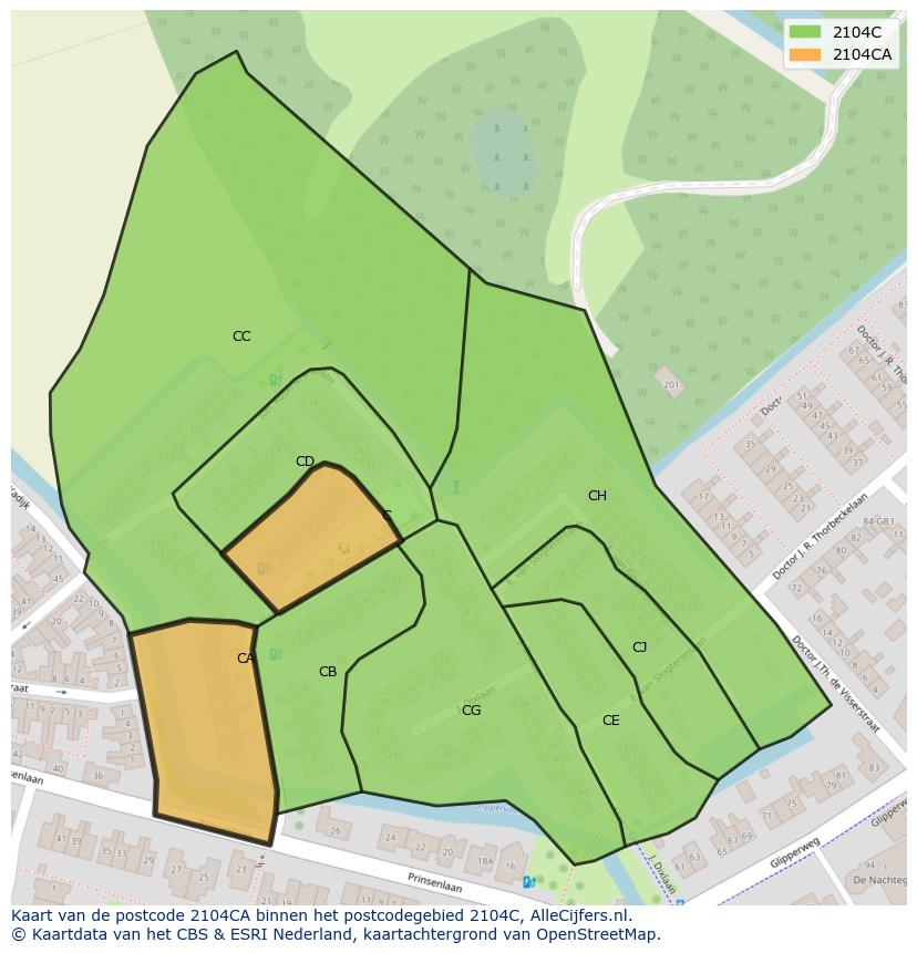 Afbeelding van het postcodegebied 2104 CA op de kaart.
