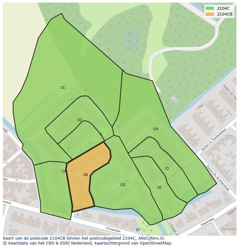 Afbeelding van het postcodegebied 2104 CB op de kaart.