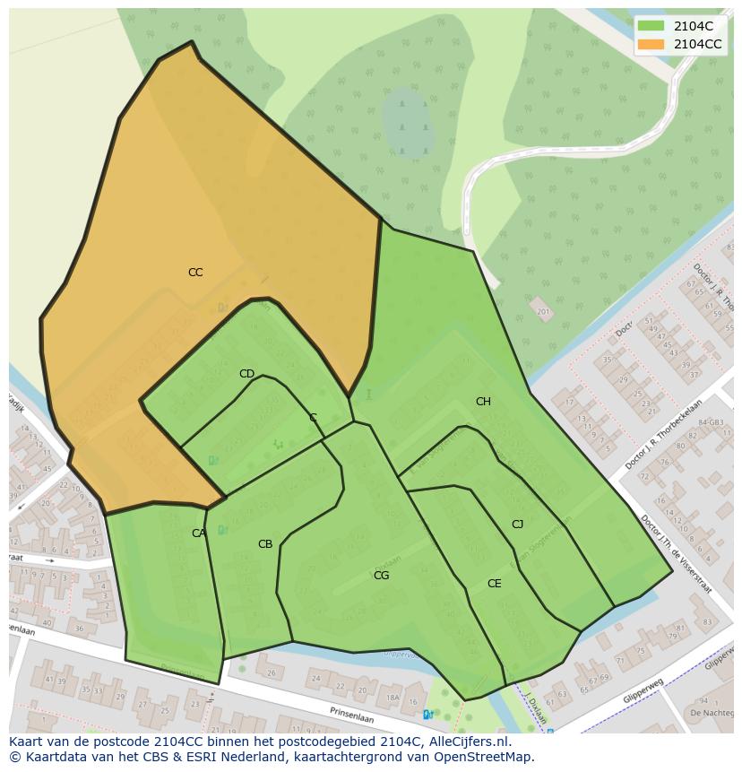 Afbeelding van het postcodegebied 2104 CC op de kaart.