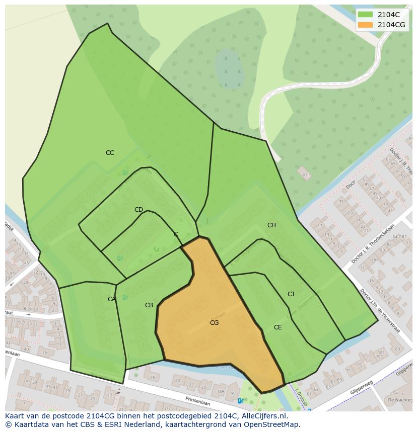 Afbeelding van het postcodegebied 2104 CG op de kaart.