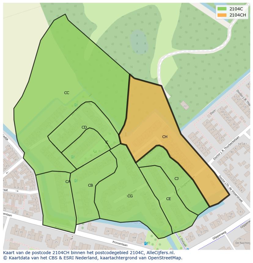 Afbeelding van het postcodegebied 2104 CH op de kaart.