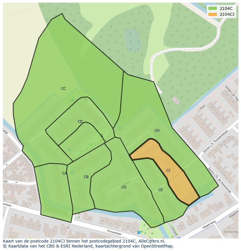 Afbeelding van het postcodegebied 2104 CJ op de kaart.