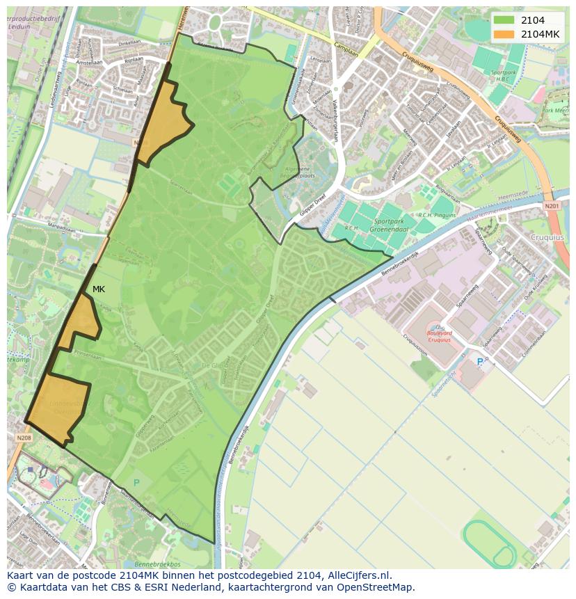 Afbeelding van het postcodegebied 2104 MK op de kaart.