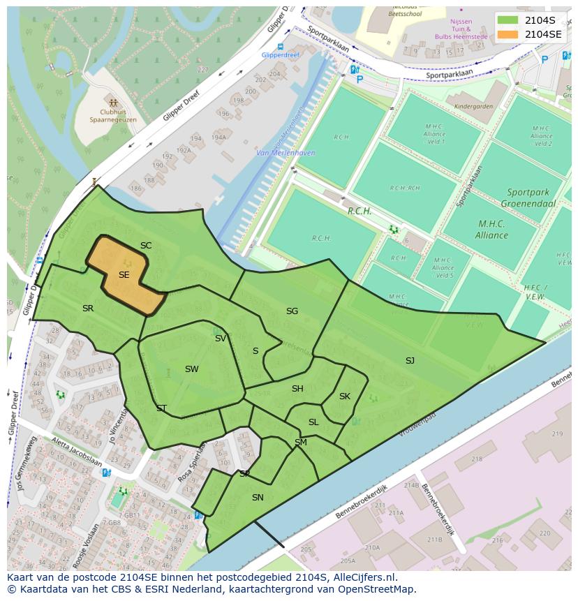 Afbeelding van het postcodegebied 2104 SE op de kaart.