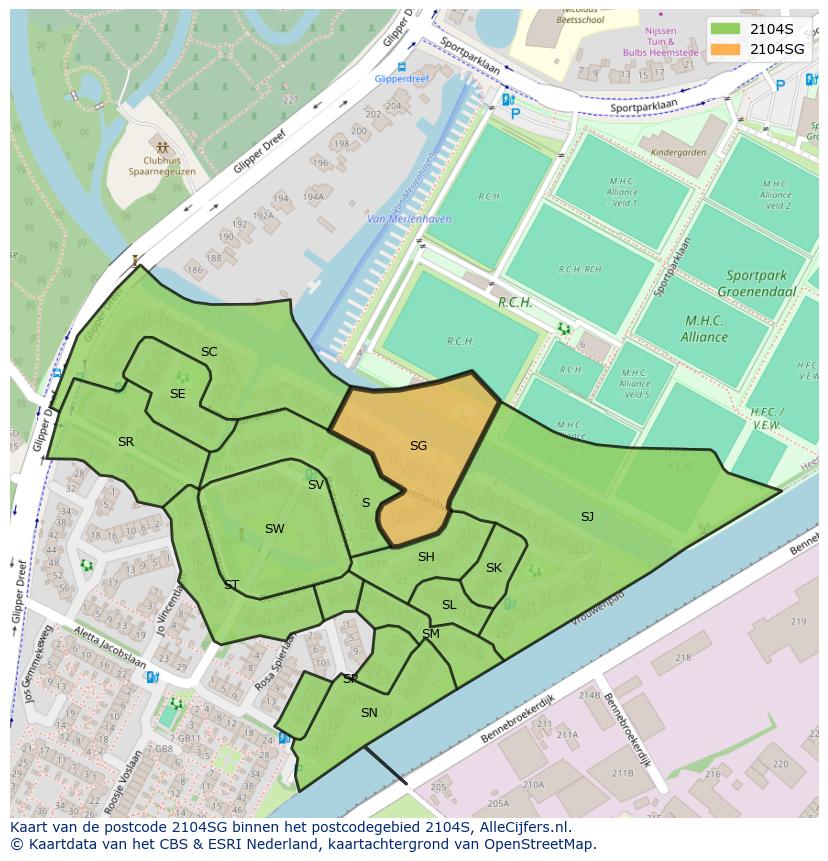 Afbeelding van het postcodegebied 2104 SG op de kaart.
