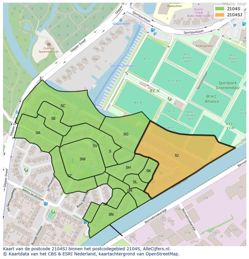 Afbeelding van het postcodegebied 2104 SJ op de kaart.