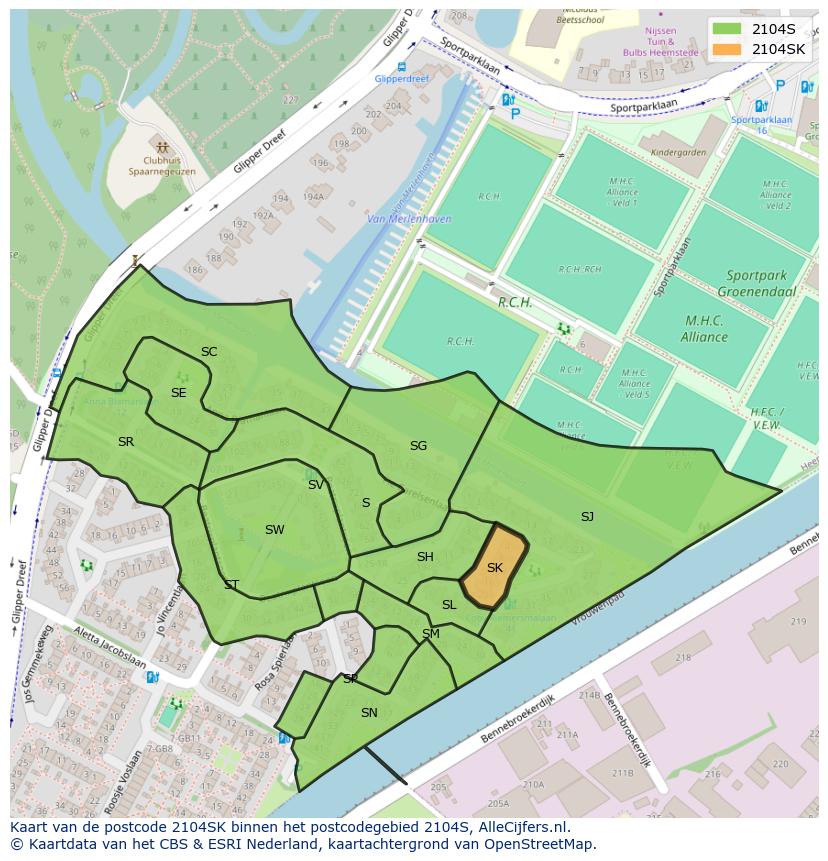 Afbeelding van het postcodegebied 2104 SK op de kaart.