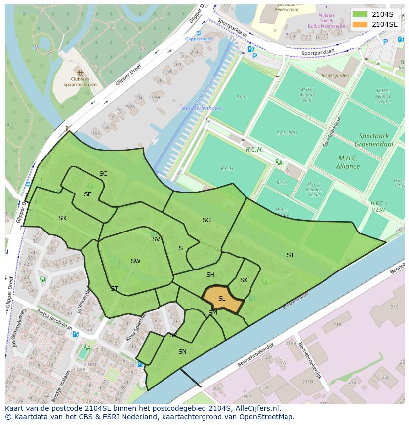 Afbeelding van het postcodegebied 2104 SL op de kaart.