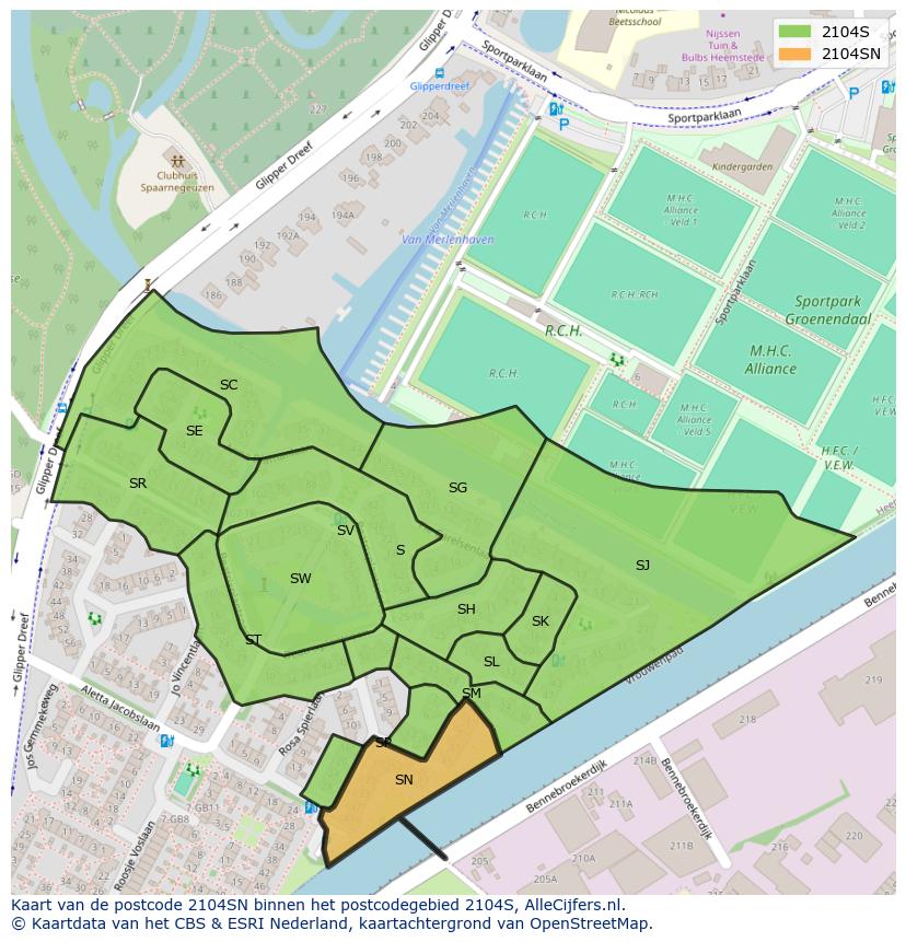 Afbeelding van het postcodegebied 2104 SN op de kaart.