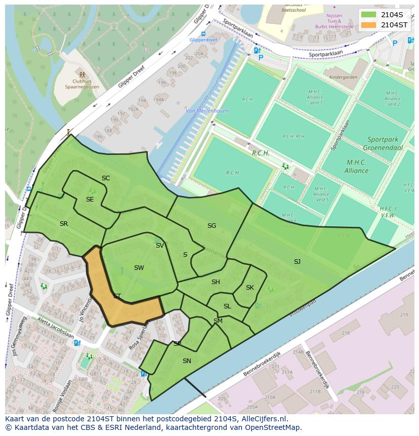 Afbeelding van het postcodegebied 2104 ST op de kaart.