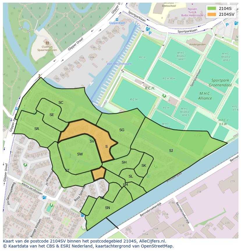 Afbeelding van het postcodegebied 2104 SV op de kaart.