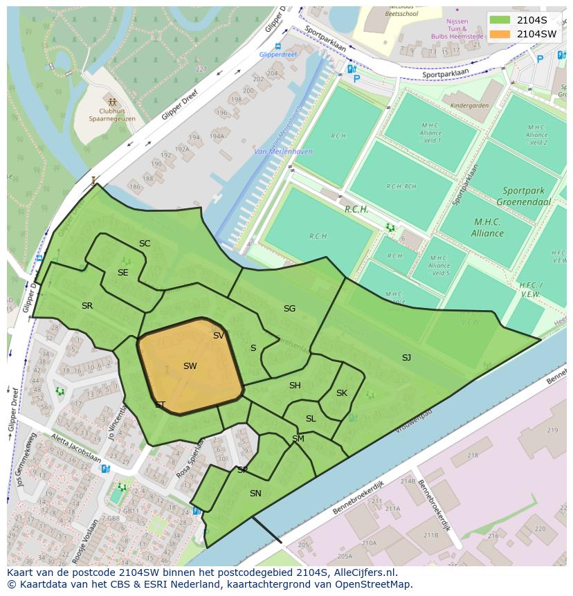 Afbeelding van het postcodegebied 2104 SW op de kaart.