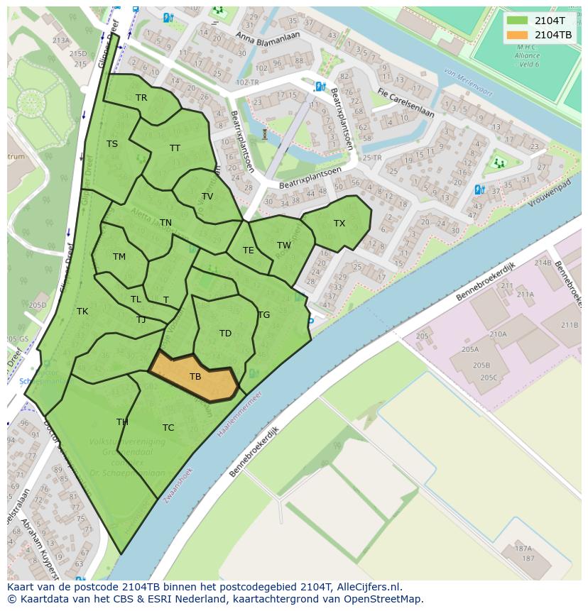 Afbeelding van het postcodegebied 2104 TB op de kaart.