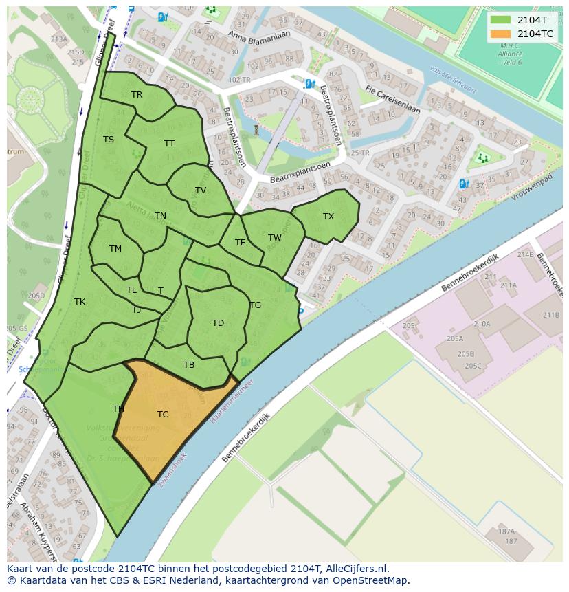 Afbeelding van het postcodegebied 2104 TC op de kaart.