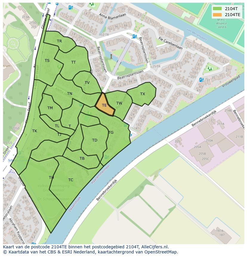 Afbeelding van het postcodegebied 2104 TE op de kaart.