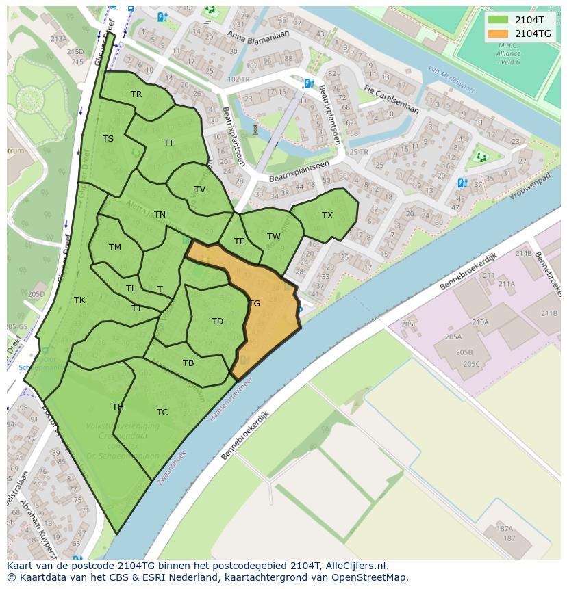 Afbeelding van het postcodegebied 2104 TG op de kaart.