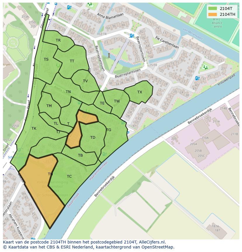 Afbeelding van het postcodegebied 2104 TH op de kaart.