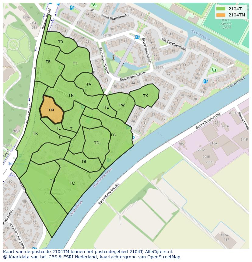 Afbeelding van het postcodegebied 2104 TM op de kaart.