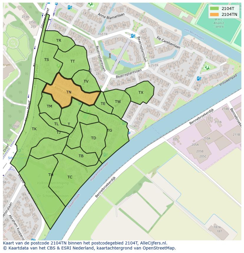 Afbeelding van het postcodegebied 2104 TN op de kaart.
