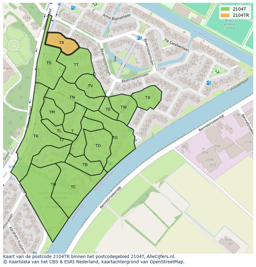 Afbeelding van het postcodegebied 2104 TR op de kaart.