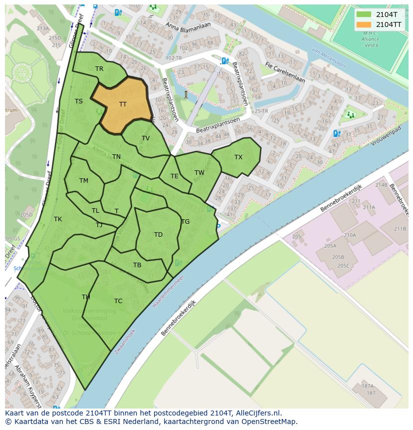 Afbeelding van het postcodegebied 2104 TT op de kaart.