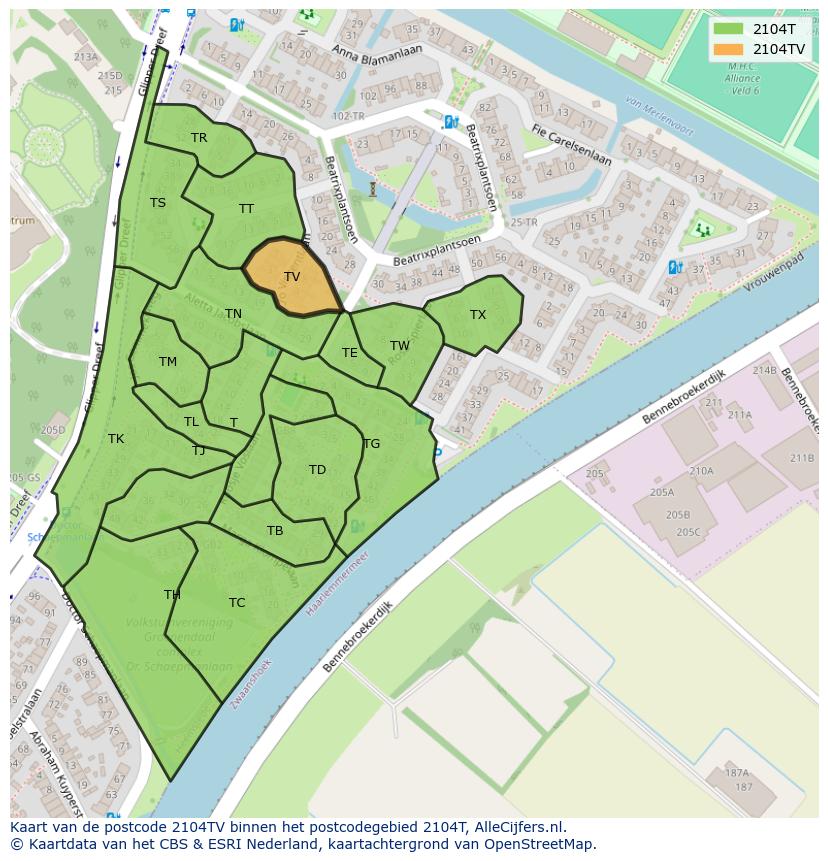Afbeelding van het postcodegebied 2104 TV op de kaart.