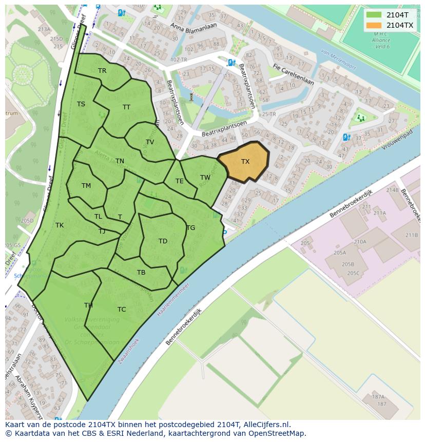 Afbeelding van het postcodegebied 2104 TX op de kaart.